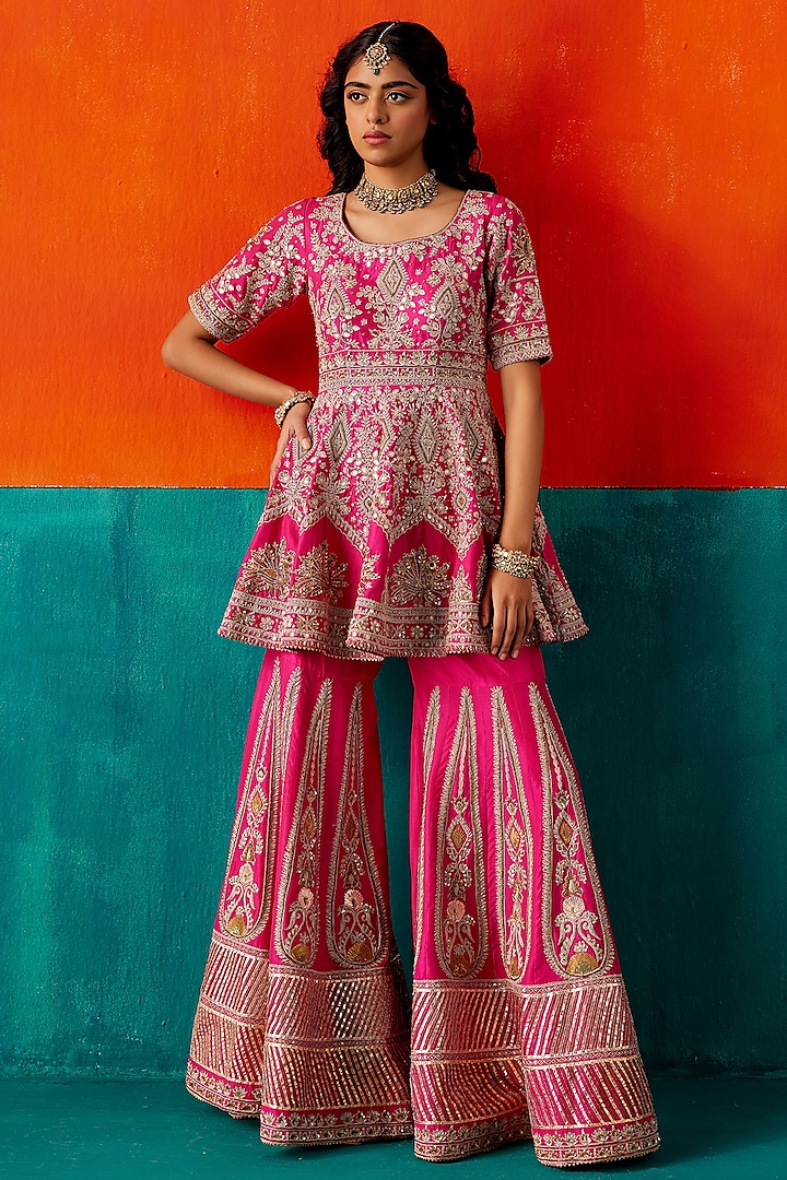Bright Pink Dupion Silk & Organza Floral Thread Embroidered Bridal Sharara Set by AMAN TAKYAR at Pernia's Pop Up Shop