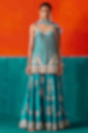Turquoise Dupion Silk & Organza Floral Embroidered Sharara Set by AMAN TAKYAR