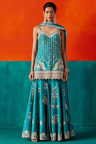 Turquoise Dupion Silk & Organza Floral Embroidered Sharara Set by AMAN TAKYAR