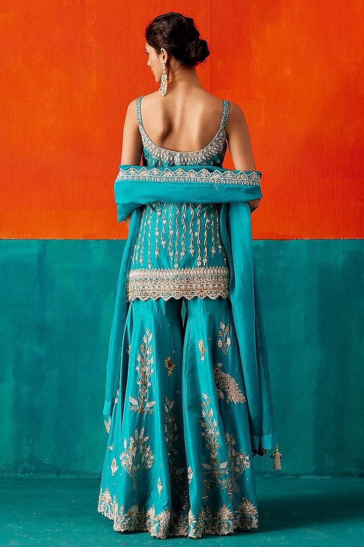 Turquoise Dupion Silk & Organza Floral Embroidered Bridal Sharara Set by AMAN TAKYAR at Pernia's Pop Up Shop