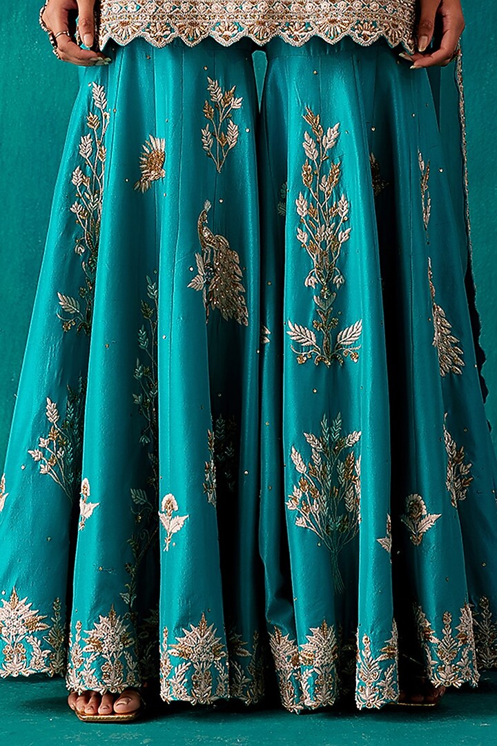 Turquoise Dupion Silk & Organza Floral Embroidered Bridal Sharara Set by AMAN TAKYAR at Pernia's Pop Up Shop