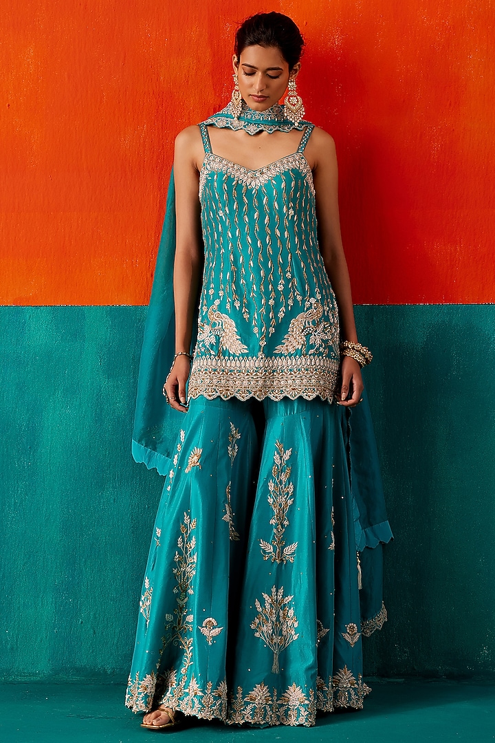 Turquoise Dupion Silk & Organza Floral Embroidered Bridal Sharara Set by AMAN TAKYAR at Pernia's Pop Up Shop