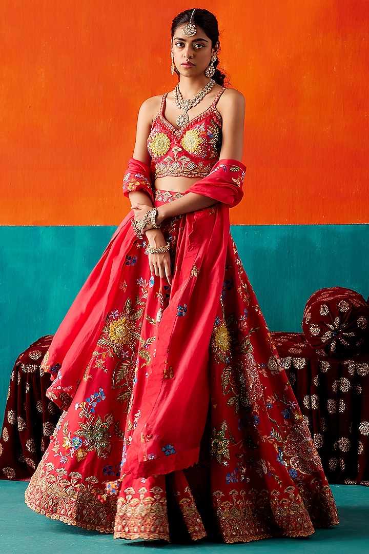 Red Dupion Silk & Organza Floral Embroidered Bridal Lehenga Set by AMAN TAKYAR at Pernia's Pop Up Shop