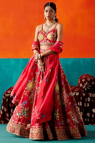 Red Dupion Silk & Organza Floral Embroidered Lehenga Set by AMAN TAKYAR