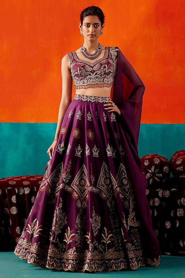 Dark Purple Dupion Silk & Organza Floral Embroidered Bridal Lehenga Set by AMAN TAKYAR at Pernia's Pop Up Shop