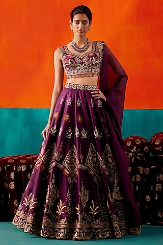 Dark Purple Dupion Silk & Organza Floral Embroidered Lehenga Set by AMAN TAKYAR