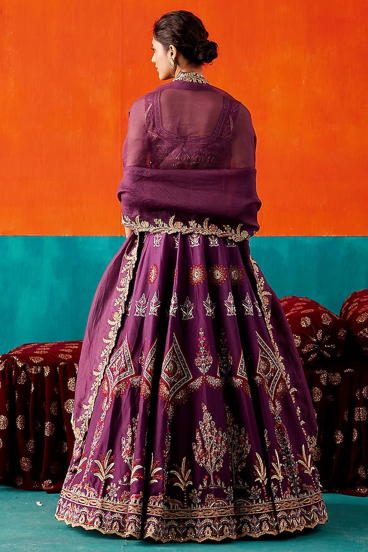Dark Purple Dupion Silk & Organza Floral Embroidered Bridal Lehenga Set by AMAN TAKYAR at Pernia's Pop Up Shop