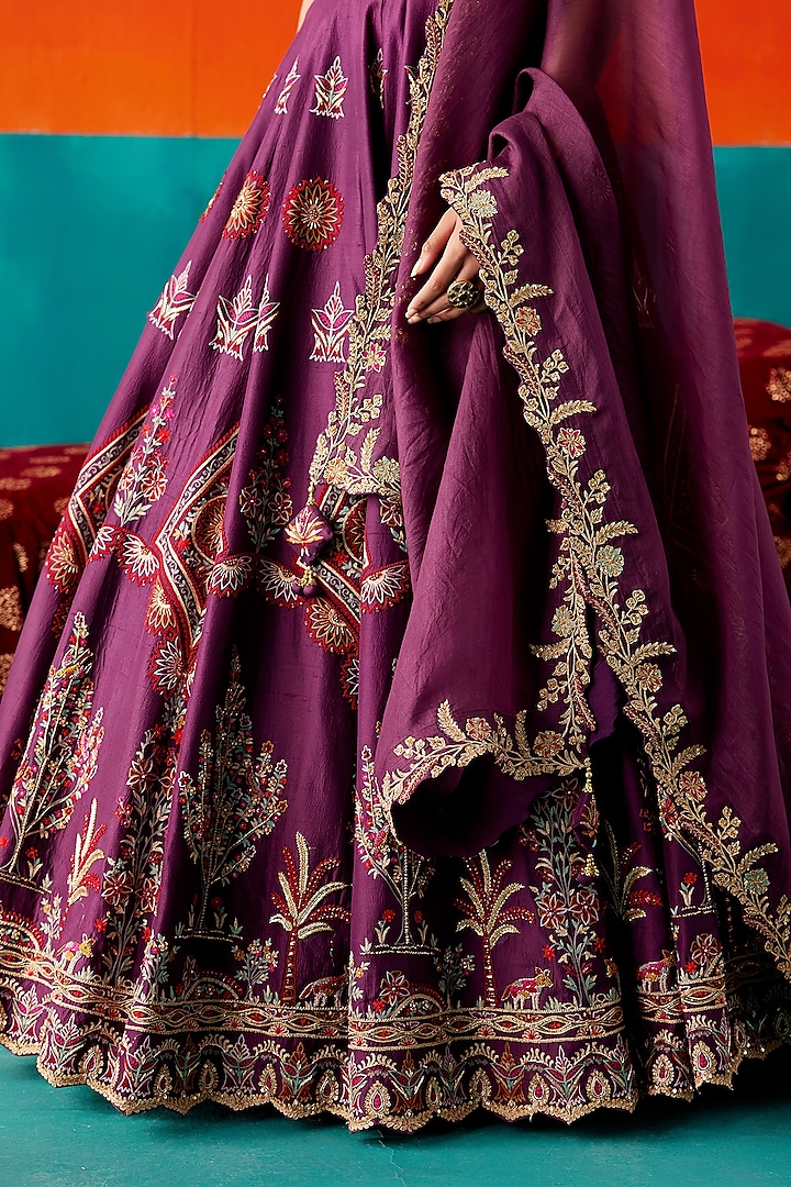 Dark Purple Dupion Silk & Organza Floral Embroidered Bridal Lehenga Set by AMAN TAKYAR at Pernia's Pop Up Shop
