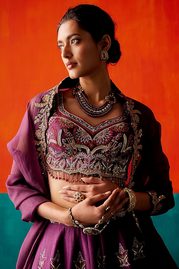 Dark Purple Dupion Silk & Organza Floral Embroidered Bridal Lehenga Set by AMAN TAKYAR at Pernia's Pop Up Shop