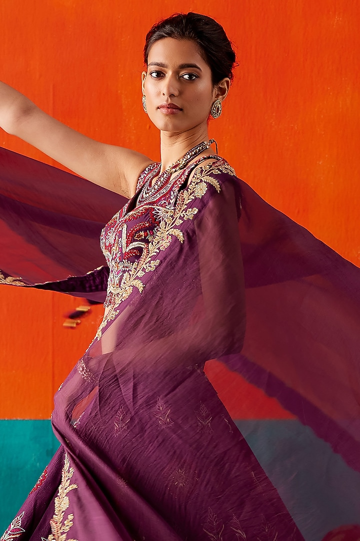 Dark Purple Dupion Silk & Organza Floral Embroidered Bridal Lehenga Set by AMAN TAKYAR at Pernia's Pop Up Shop