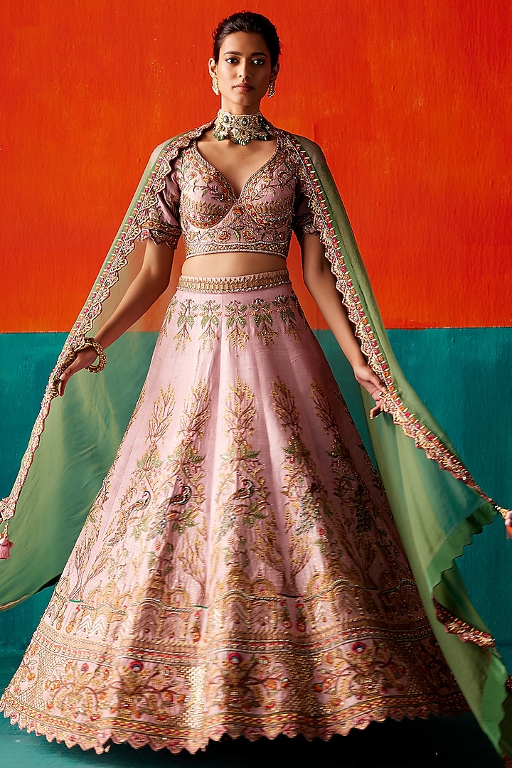 Light Rose Dupion Silk & Organza Floral Embroidered Lehenga Set