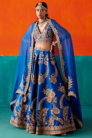 Electric Blue Dupion Silk & Organza Floral Thread Embroidered Lehenga Set by AMAN TAKYAR