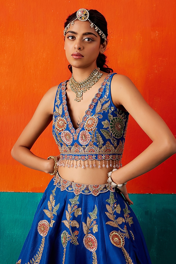 Electric Blue Dupion Silk & Organza Floral Thread Embroidered Bridal Lehenga Set by AMAN TAKYAR at Pernia's Pop Up Shop