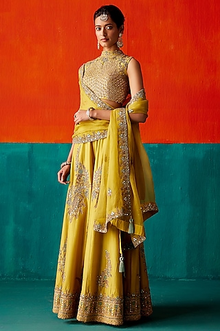 Lime Green Dupion Silk & Organza Floral Thread Embroidered Sharara Set by AMAN TAKYAR