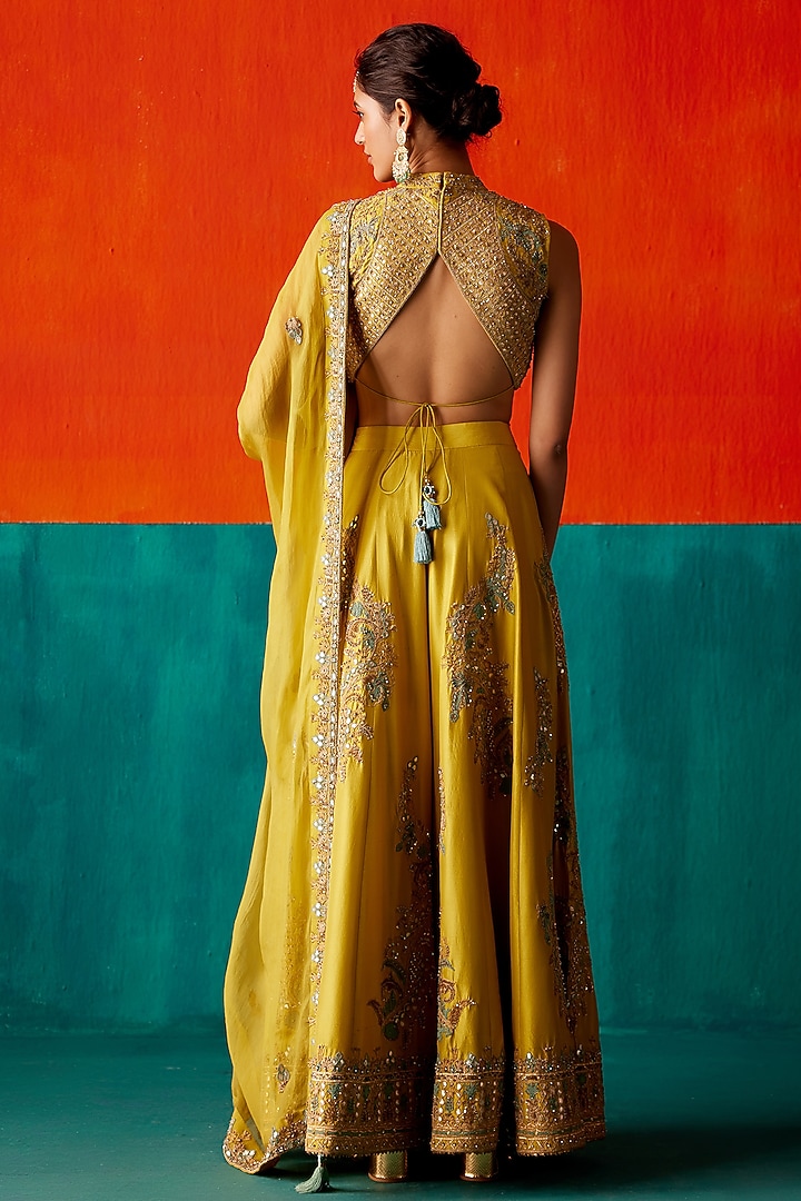Lime Green Dupion Silk & Organza Floral Thread Embroidered Bridal Sharara Set by AMAN TAKYAR at Pernia's Pop Up Shop