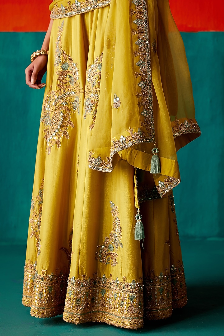 Lime Green Dupion Silk & Organza Floral Thread Embroidered Bridal Sharara Set by AMAN TAKYAR at Pernia's Pop Up Shop