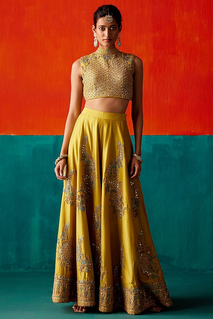 Lime Green Dupion Silk & Organza Floral Thread Embroidered Bridal Sharara Set by AMAN TAKYAR at Pernia's Pop Up Shop
