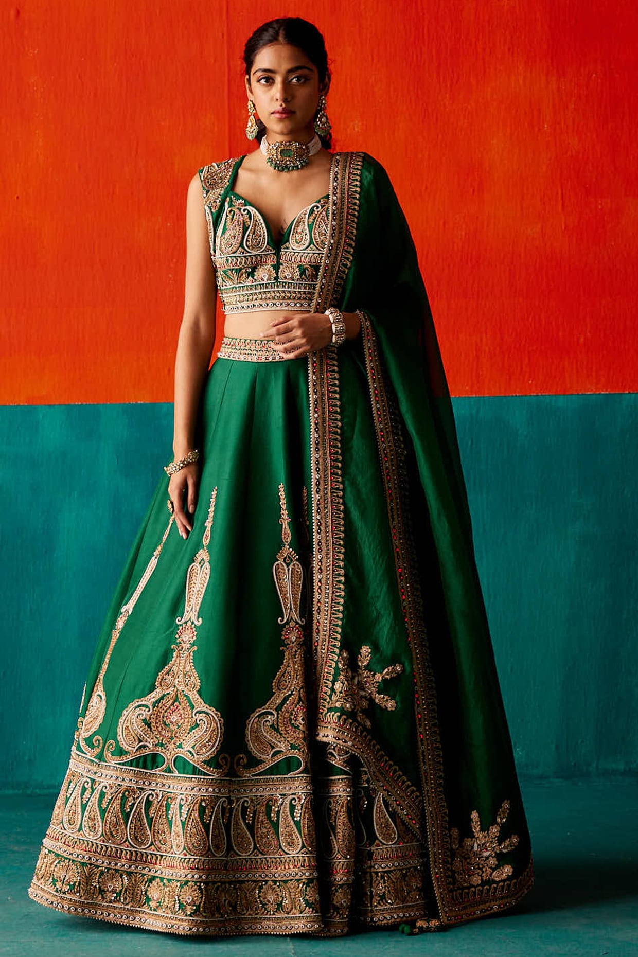 Embroidered Velvet Bridal Lehenga with Double Chunni in Green color-81 –  Saundaryam Fashions