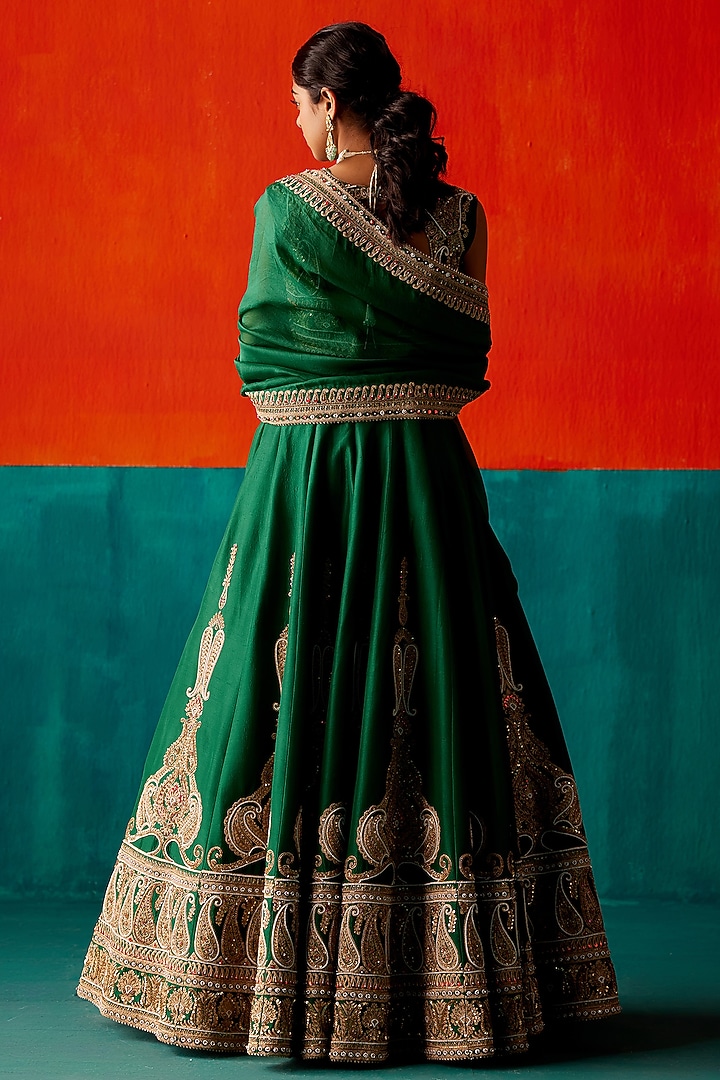 Dark Green Dupion Silk & Organza Hand Embroidered Bridal Lehenga Set by AMAN TAKYAR at Pernia's Pop Up Shop