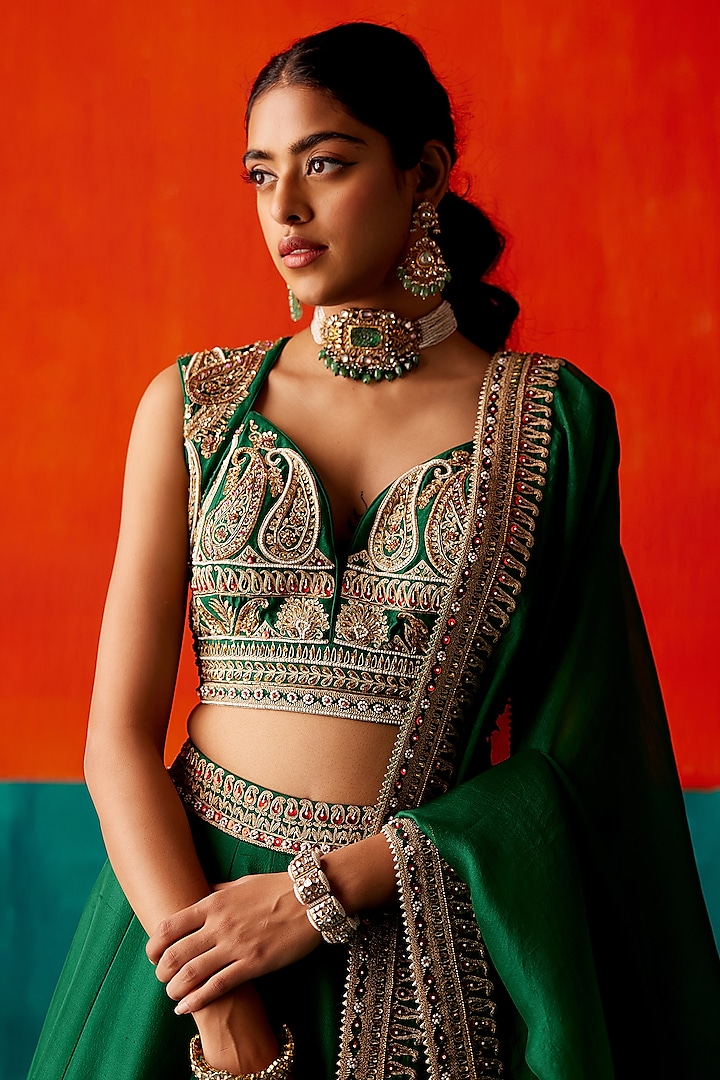 Dark Green Dupion Silk & Organza Hand Embroidered Bridal Lehenga Set by AMAN TAKYAR at Pernia's Pop Up Shop