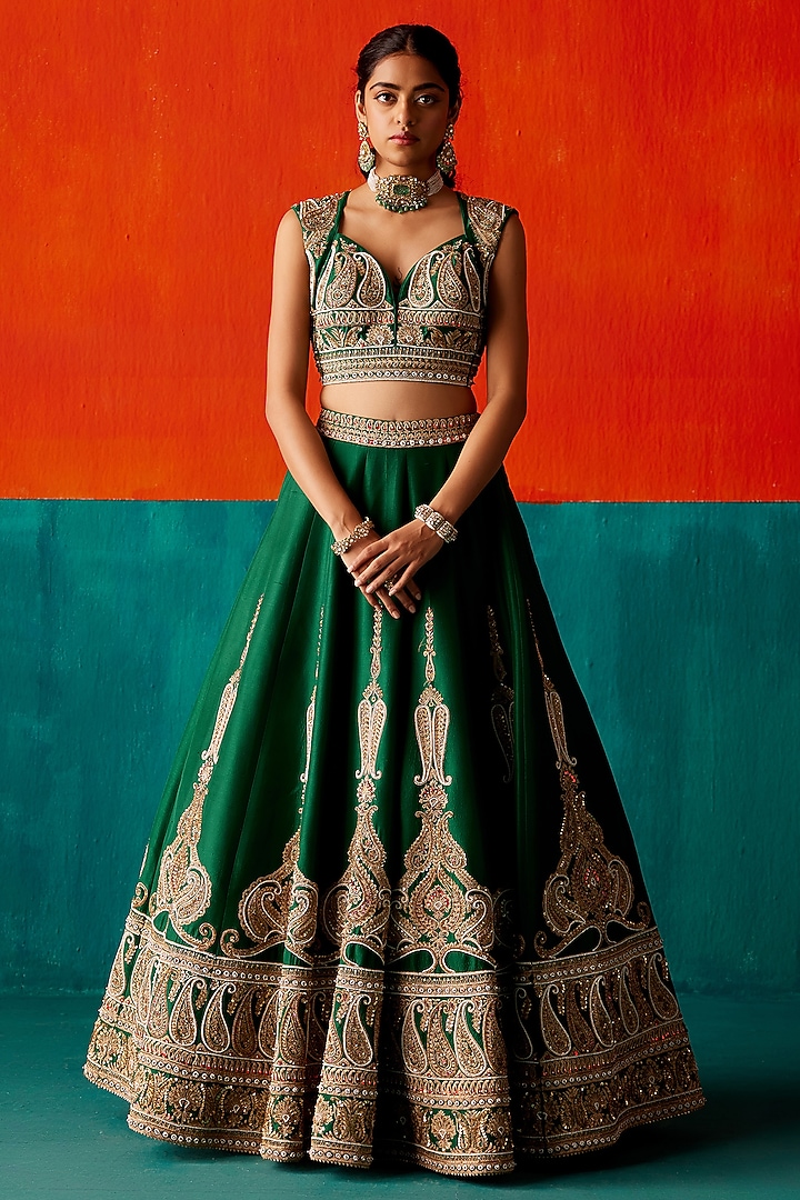 Dark Green Dupion Silk & Organza Hand Embroidered Bridal Lehenga Set by AMAN TAKYAR at Pernia's Pop Up Shop