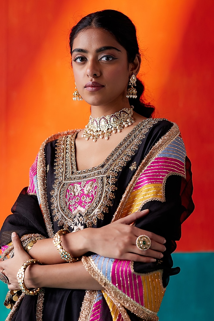 Black Dupion Silk & Organza Bridal Sharara Set by AMAN TAKYAR at Pernia's Pop Up Shop