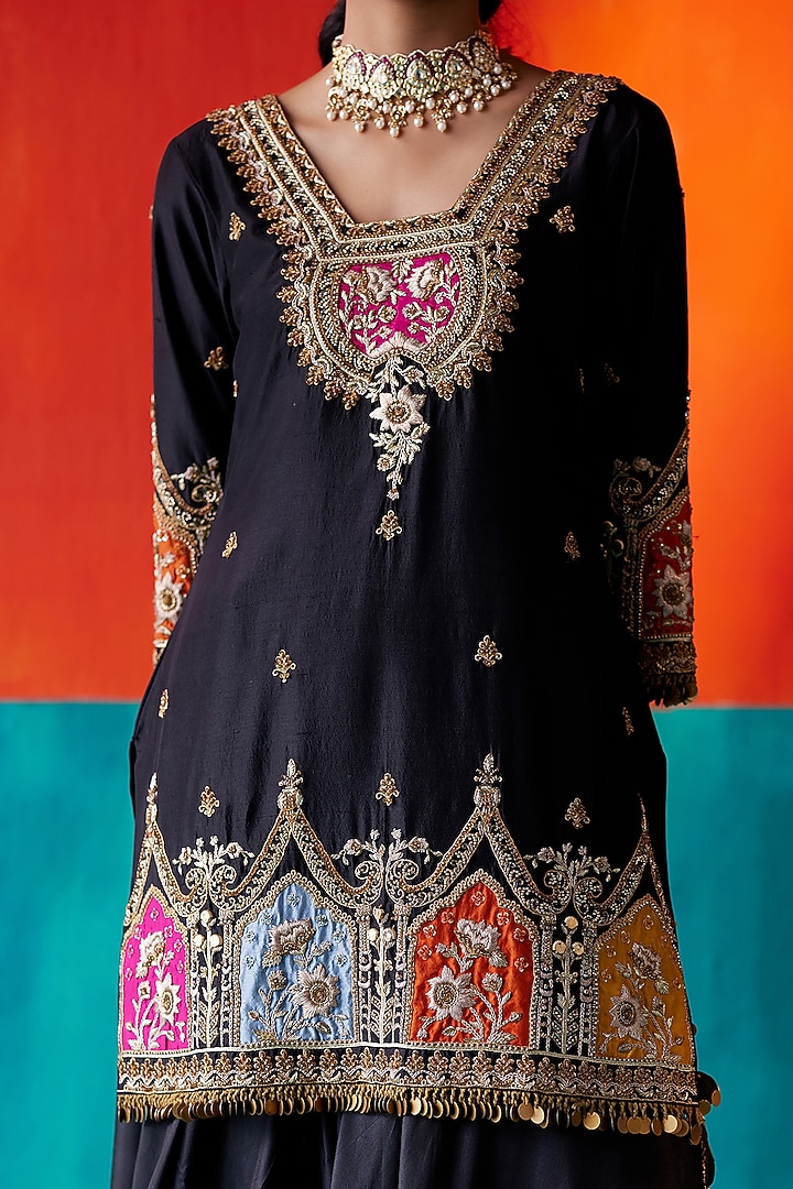 Black Dupion Silk & Organza Bridal Sharara Set by AMAN TAKYAR at Pernia's Pop Up Shop