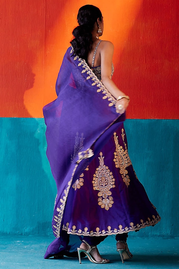 Purple Dupion Silk & Organza Floral Embroidered Wedding Anarkali Set by AMAN TAKYAR at Pernia's Pop Up Shop