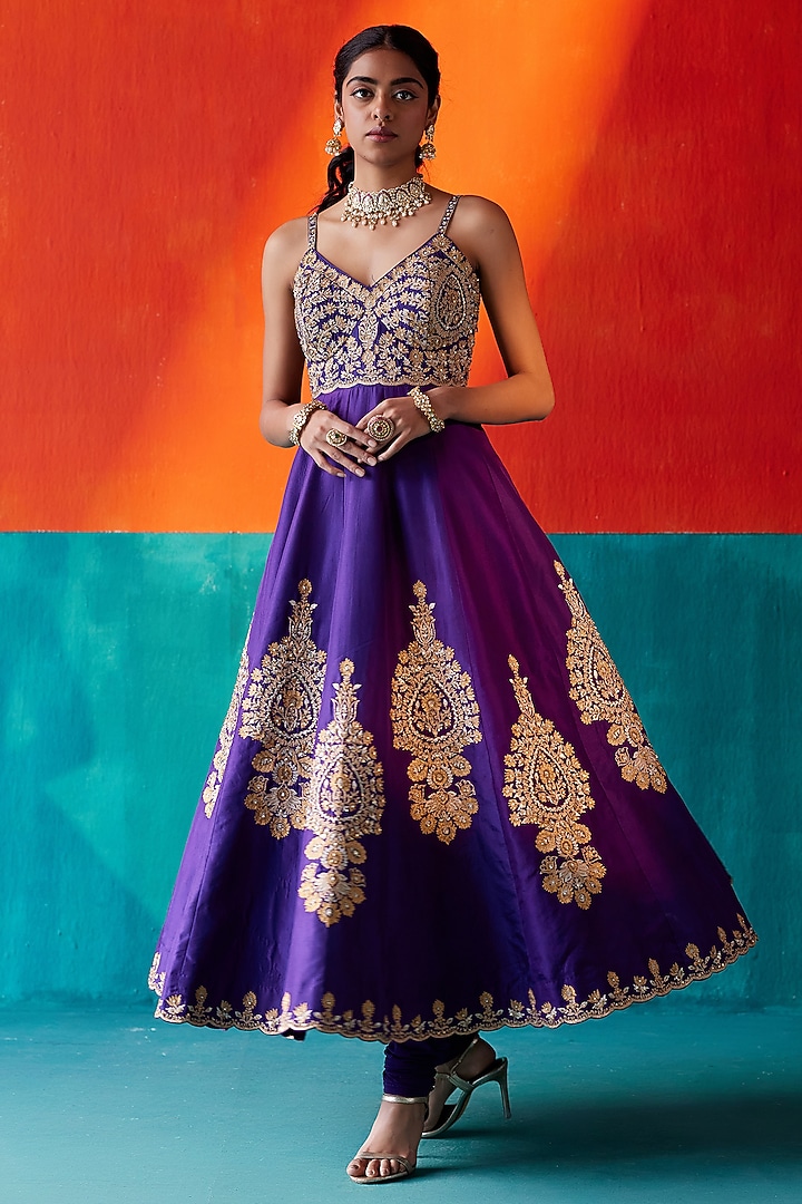 Purple Dupion Silk & Organza Floral Embroidered Wedding Anarkali Set by AMAN TAKYAR at Pernia's Pop Up Shop