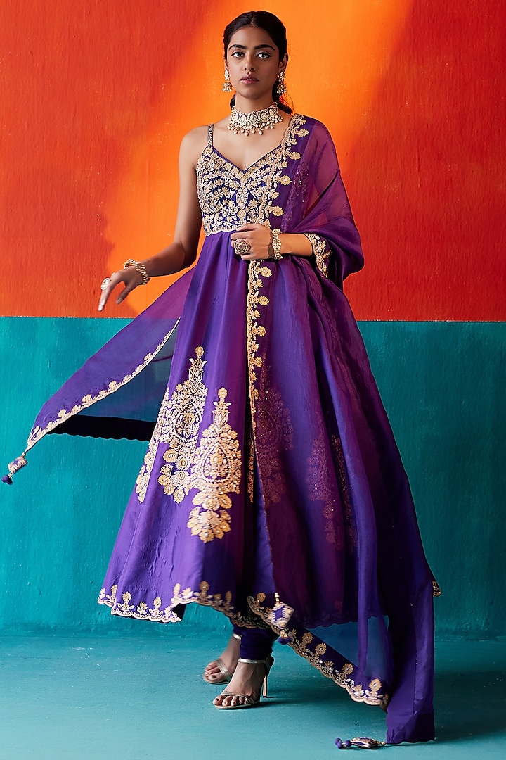 Purple Dupion Silk & Organza Floral Embroidered Wedding Anarkali Set by AMAN TAKYAR at Pernia's Pop Up Shop