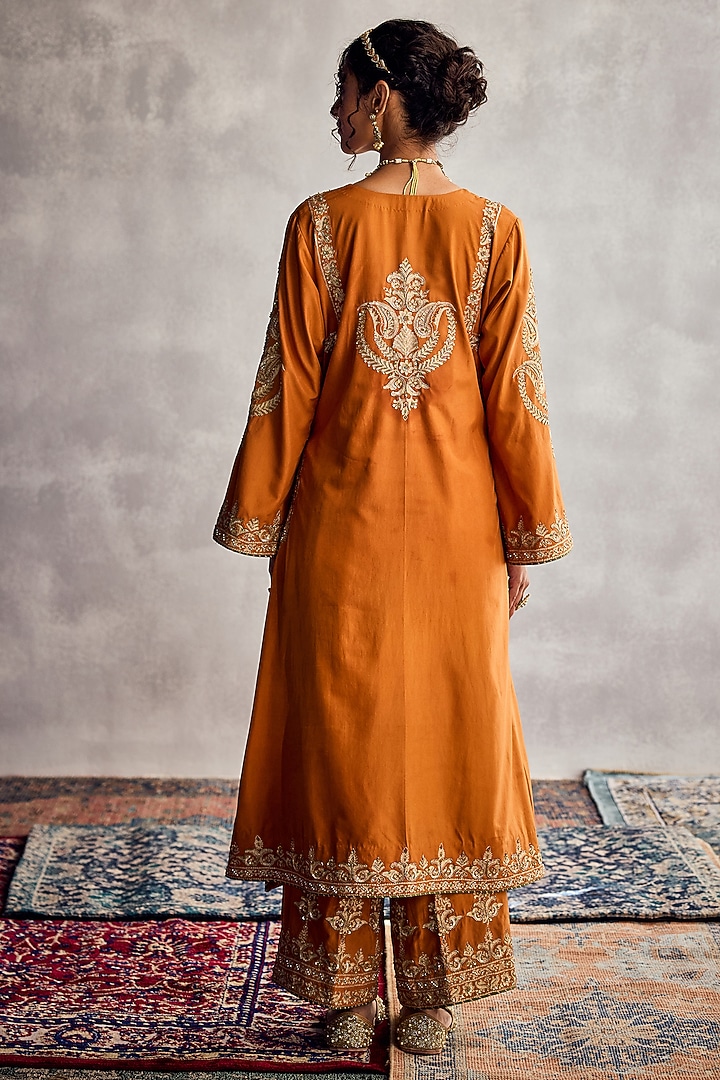 Brick Orange Dupion Silk Thread Embroidered Kurta Set by AMAN TAKYAR at Pernia's Pop Up Shop