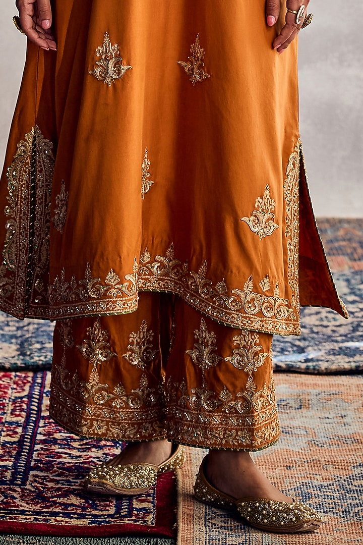 Brick Orange Dupion Silk Thread Embroidered Kurta Set by AMAN TAKYAR at Pernia's Pop Up Shop