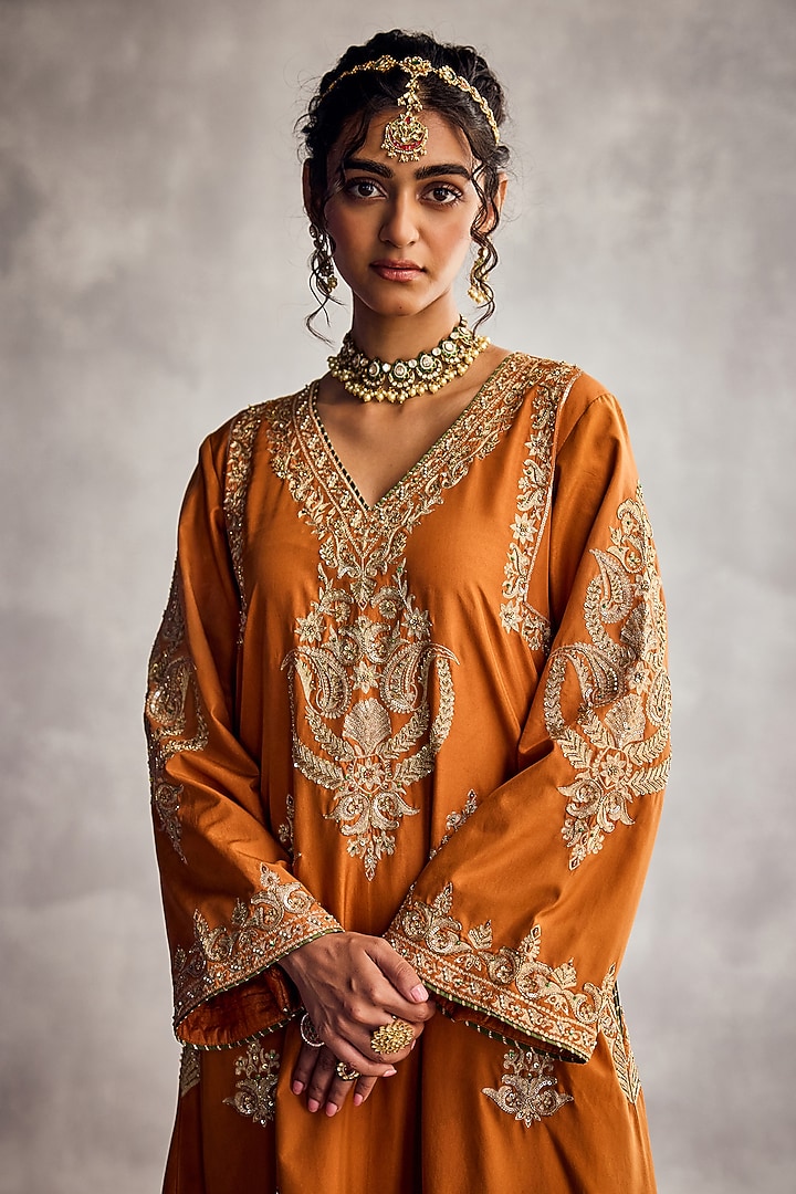 Brick Orange Dupion Silk Thread Embroidered Kurta Set by AMAN TAKYAR at Pernia's Pop Up Shop