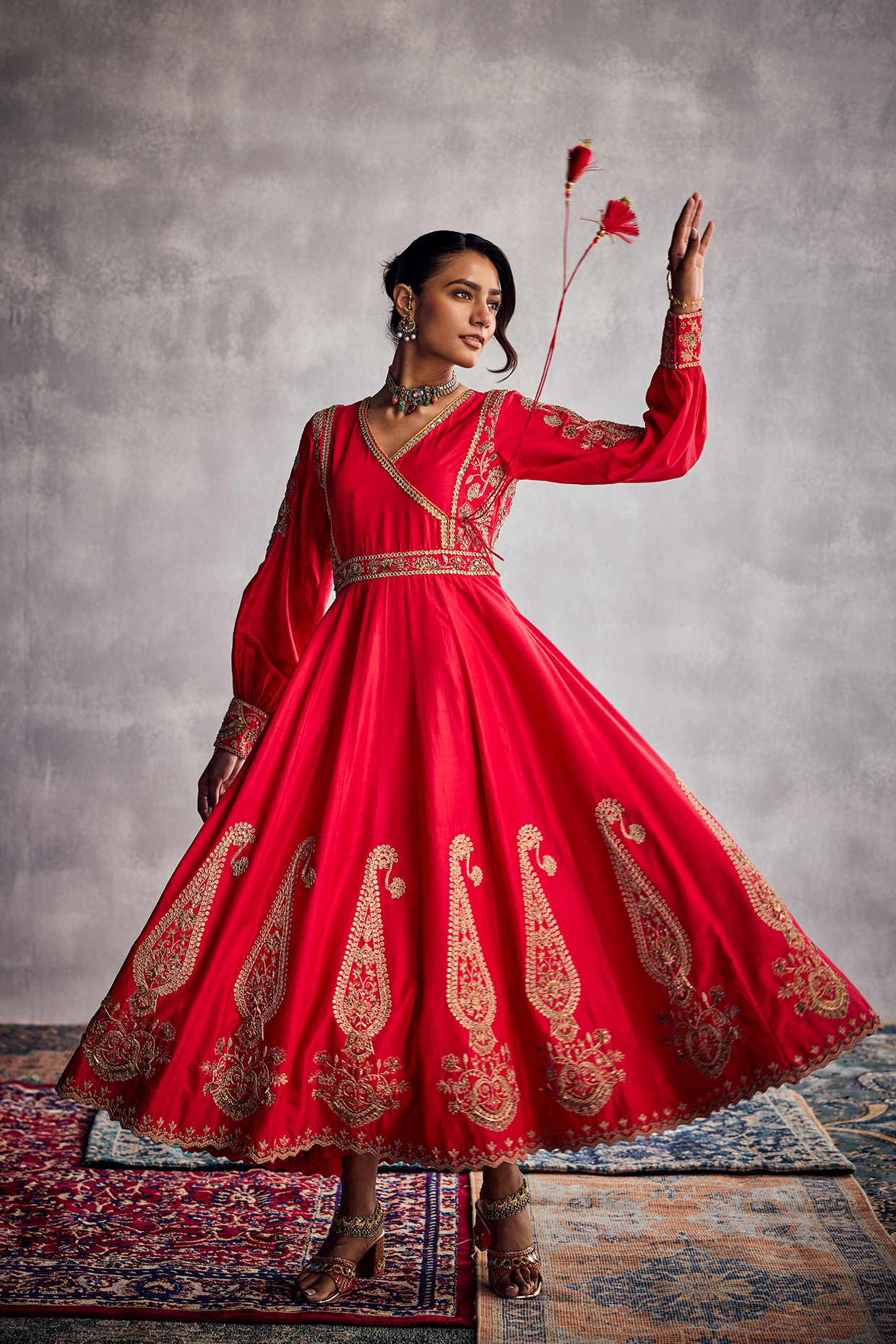 Red Dupion Silk Thread Embroidered Angrakha Kurta Set by AMAN TAKYAR at Pernia's Pop Up Shop