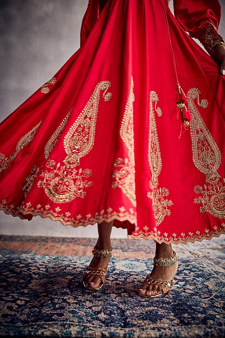 Red Dupion Silk Thread Embroidered Angrakha Kurta Set by AMAN TAKYAR at Pernia's Pop Up Shop