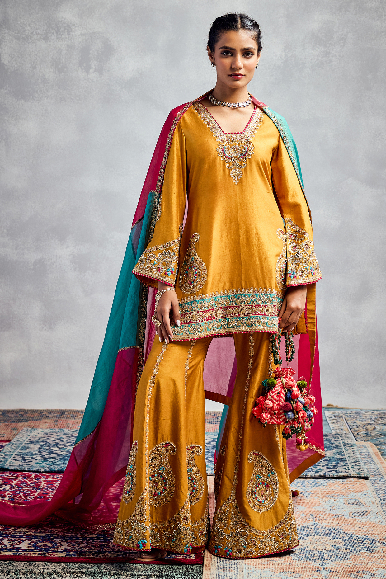 Mustard Dupion Silk Thread Embroidered Kurta Set by AMAN TAKYAR at Pernia's Pop Up Shop