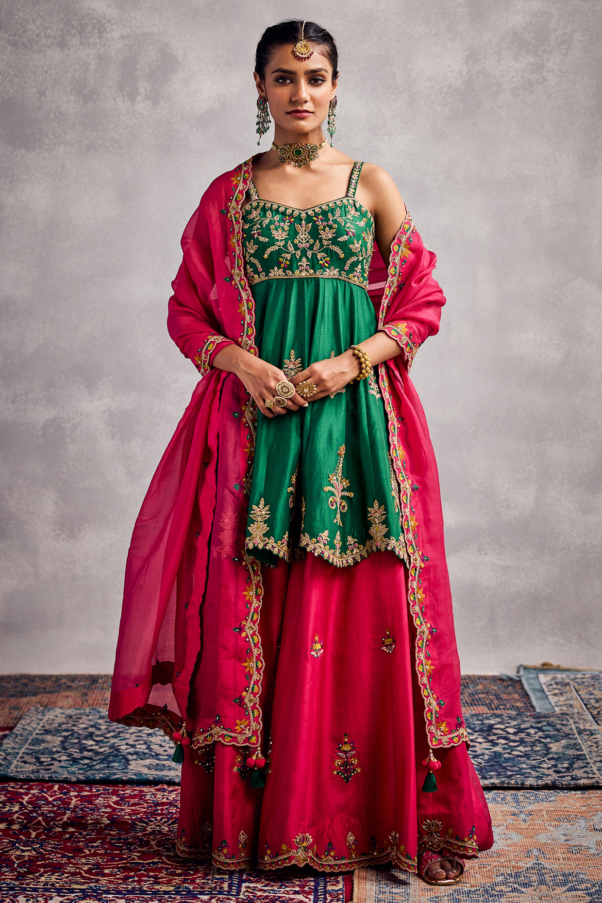 Raspberry Red Dupion Silk Embroidered Wedding Sharara Set by AMAN TAKYAR at Pernia's Pop Up Shop