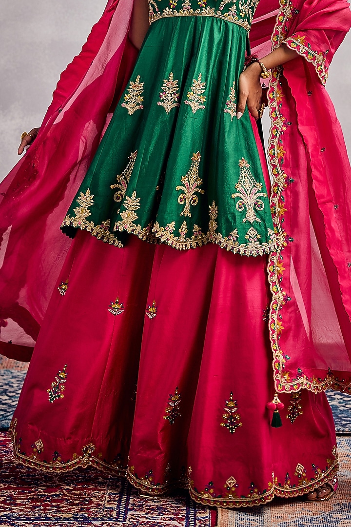 Raspberry Red Dupion Silk Embroidered Bridal Sharara Set by AMAN TAKYAR at Pernia's Pop Up Shop
