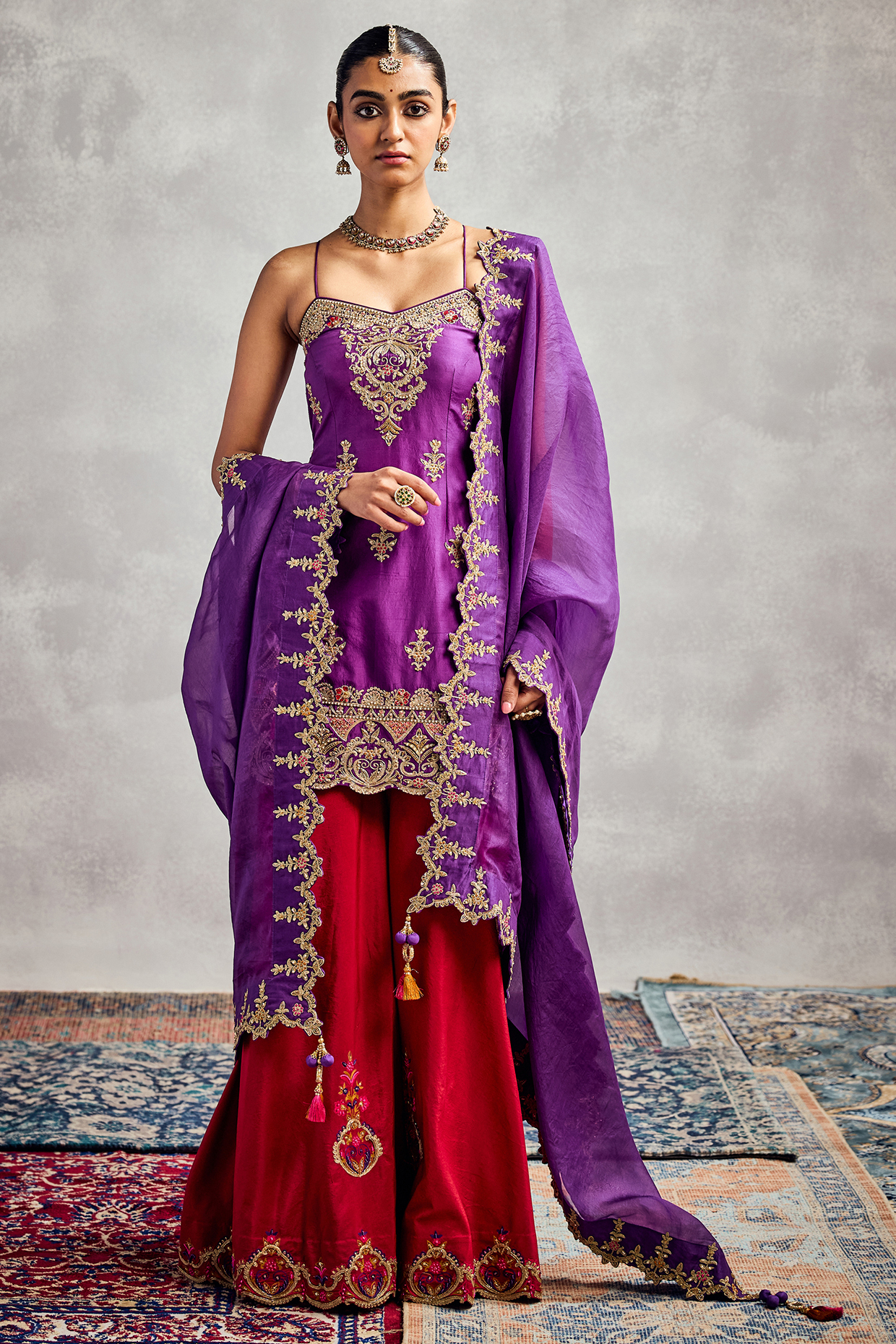 Fiery Red Dupion Silk Embroidered Wedding Sharara Set by AMAN TAKYAR at Pernia's Pop Up Shop