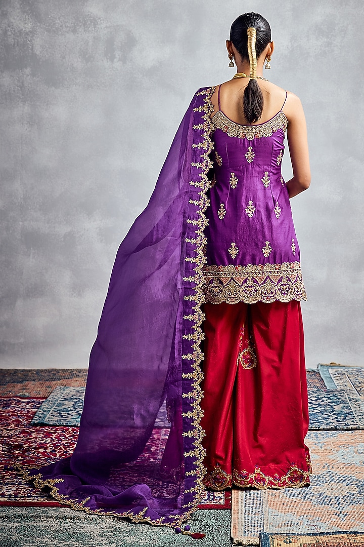Fiery Red Dupion Silk Embroidered Bridal Sharara Set by AMAN TAKYAR at Pernia's Pop Up Shop