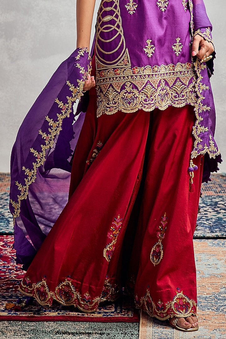 Fiery Red Dupion Silk Embroidered Bridal Sharara Set by AMAN TAKYAR at Pernia's Pop Up Shop
