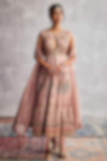 Peach Dupion Silk Floral Thread Embroidered Bridal Anarkali Set by AMAN TAKYAR at Pernia's Pop Up Shop