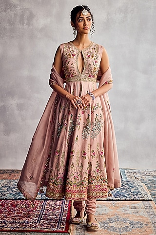 Peach Dupion Silk Floral Thread Embroidered Anarkali Set by AMAN TAKYAR