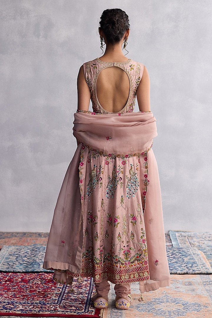 Peach Dupion Silk Floral Thread Embroidered Bridal Anarkali Set by AMAN TAKYAR at Pernia's Pop Up Shop