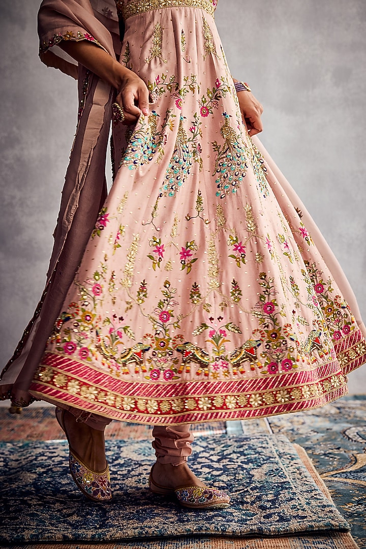 Peach Dupion Silk Floral Thread Embroidered Bridal Anarkali Set by AMAN TAKYAR at Pernia's Pop Up Shop