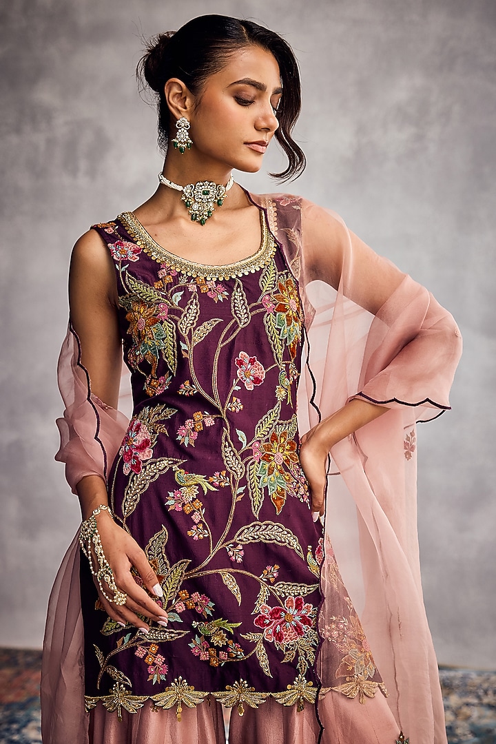 Peach Dupion Silk Bridal Sharara Set by AMAN TAKYAR at Pernia's Pop Up Shop