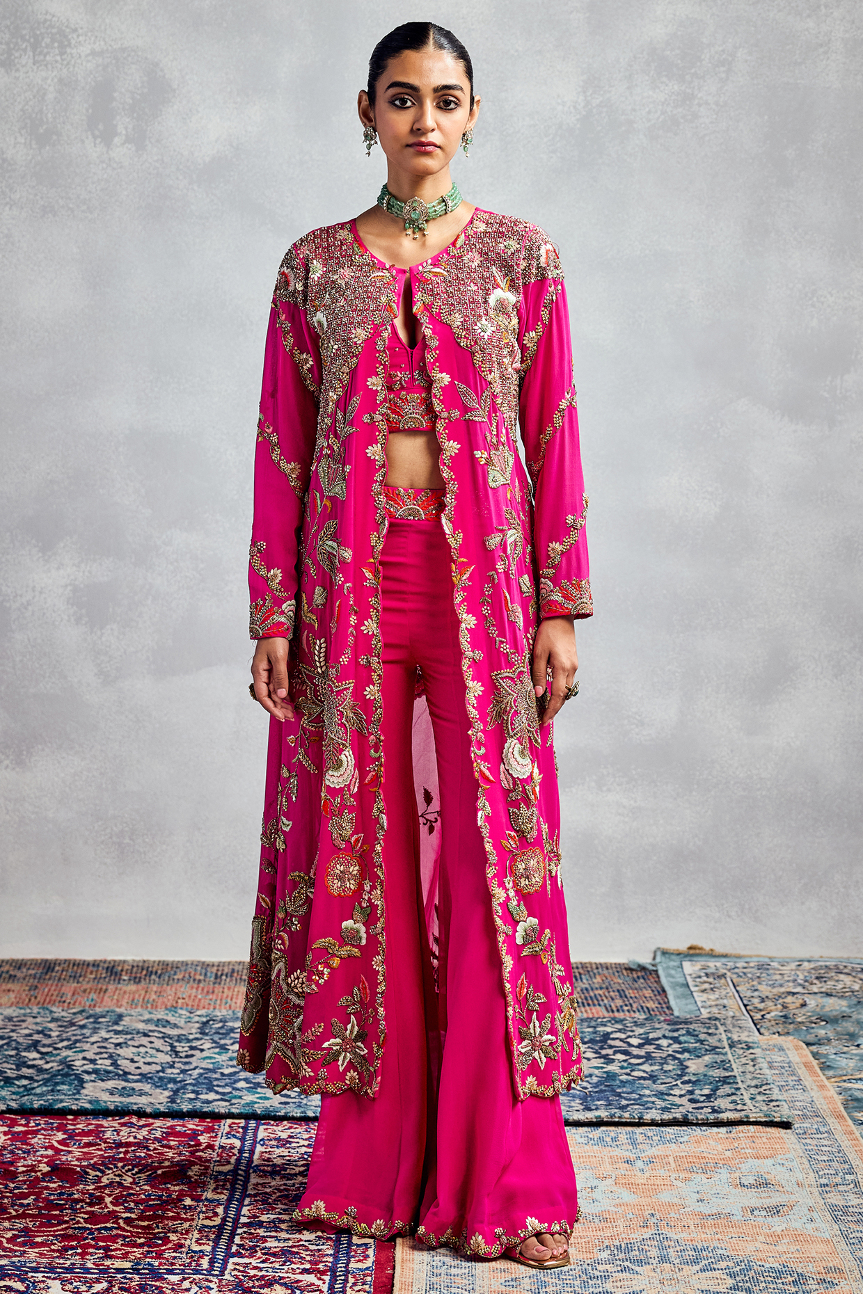 Fuchsia Pink Silk Georgette Zardosi & Dabka Embroidered Jacket Set by AMAN TAKYAR at Pernia's Pop Up Shop
