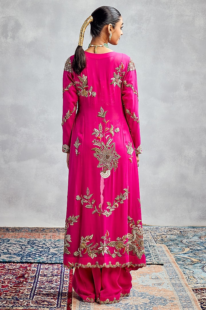 Fuchsia Pink Silk Georgette Zardosi & Dabka Embroidered Jacket Set by AMAN TAKYAR at Pernia's Pop Up Shop