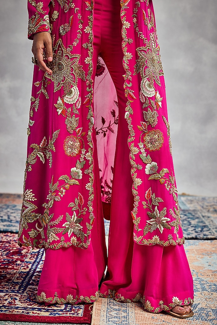 Fuchsia Pink Silk Georgette Zardosi & Dabka Embroidered Jacket Set by AMAN TAKYAR at Pernia's Pop Up Shop