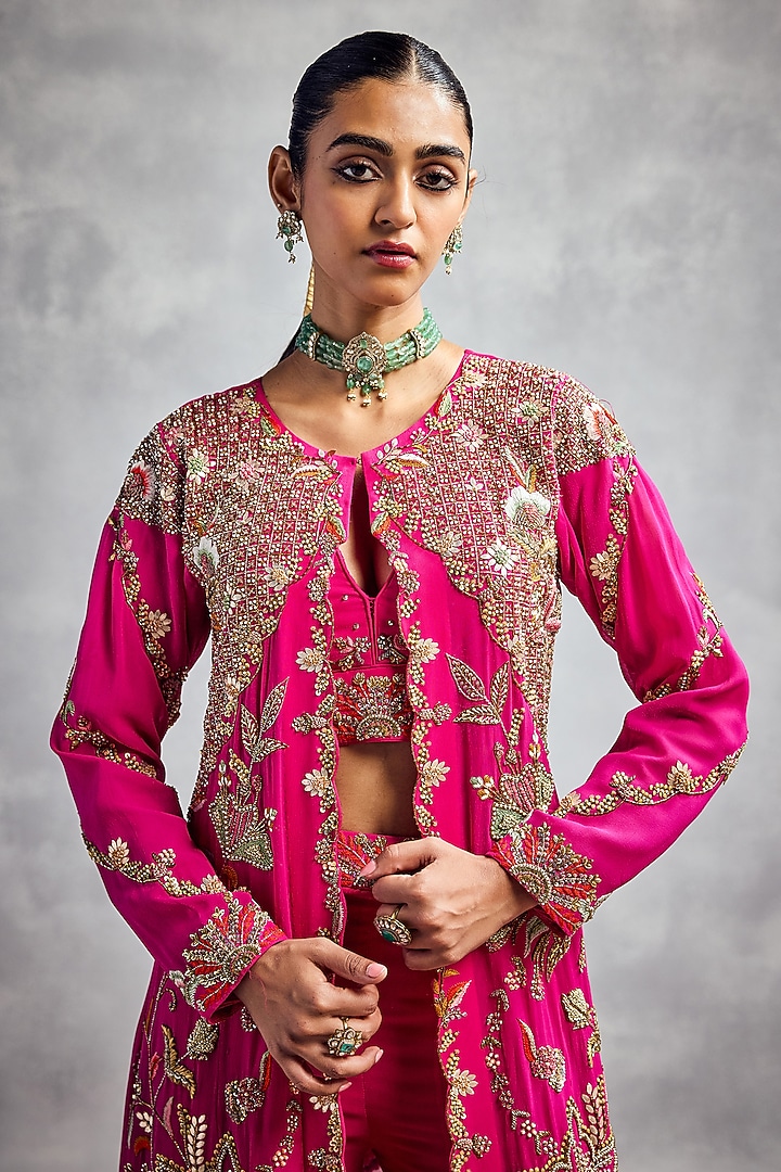 Fuchsia Pink Silk Georgette Zardosi & Dabka Embroidered Jacket Set by AMAN TAKYAR at Pernia's Pop Up Shop